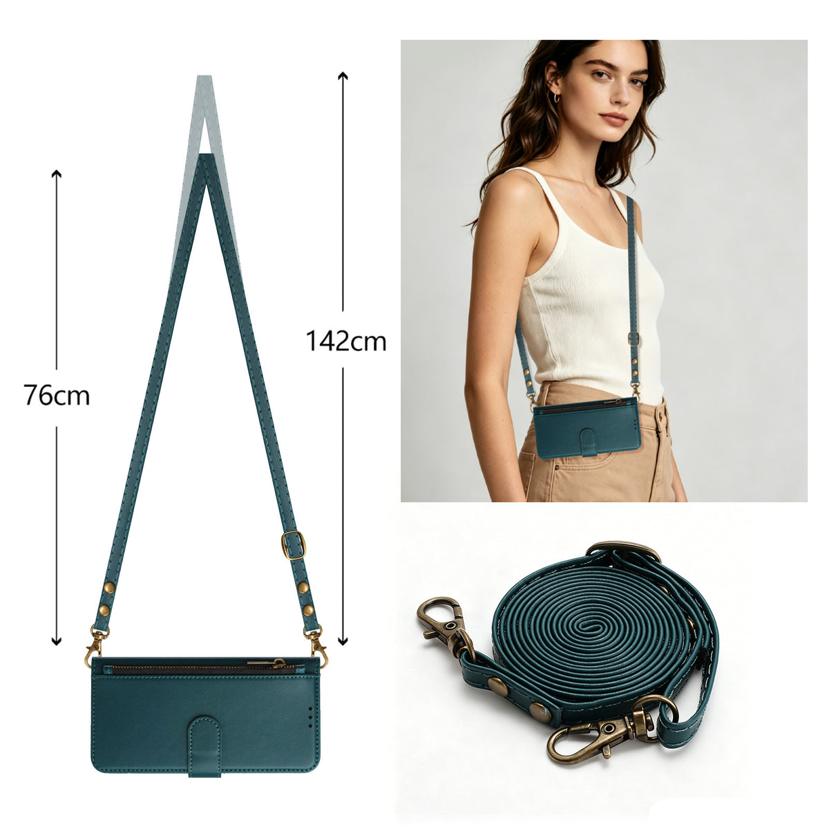 Peacock dark green Motorola Moto G Power 5G crossbody leather phone case showing 76cm to 142cm adjustable lanyard strap dimensions and model wearing case