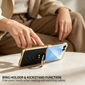 Person using metal ring holder as a kickstand on black leather Samsung Galaxy Z Flip case