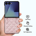 Pink Samsung Galaxy Z Flip quilted wallet case highlighting anti-drop shock absorption, pleasant grip texture, and anti-fingerprint coating