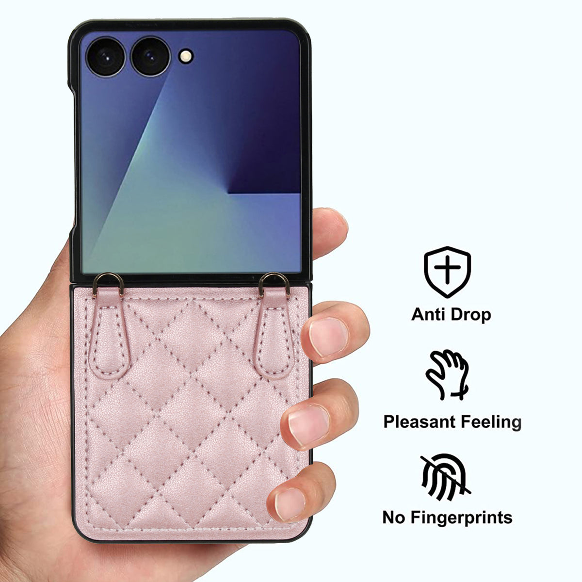 Pink Samsung Galaxy Z Flip quilted wallet case highlighting anti-drop shock absorption, pleasant grip texture, and anti-fingerprint coating