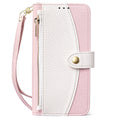 Pink and off-white two-tone leather zipper wallet phone case with attached wristlet strap for iPhone 17 and 18 series.