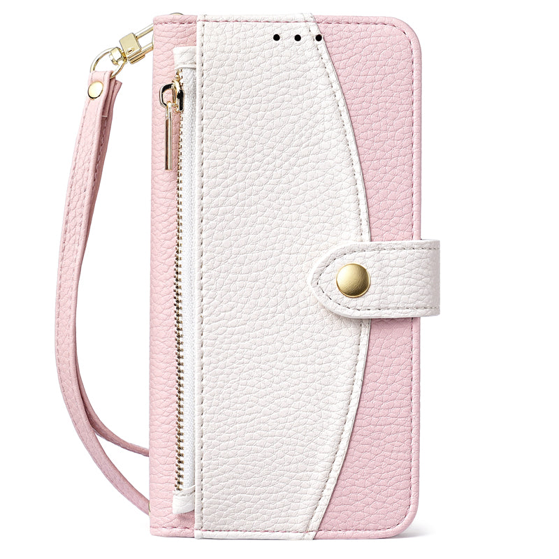 Pink and off-white two-tone leather zipper wallet phone case with attached wristlet strap for iPhone 17 and 18 series.