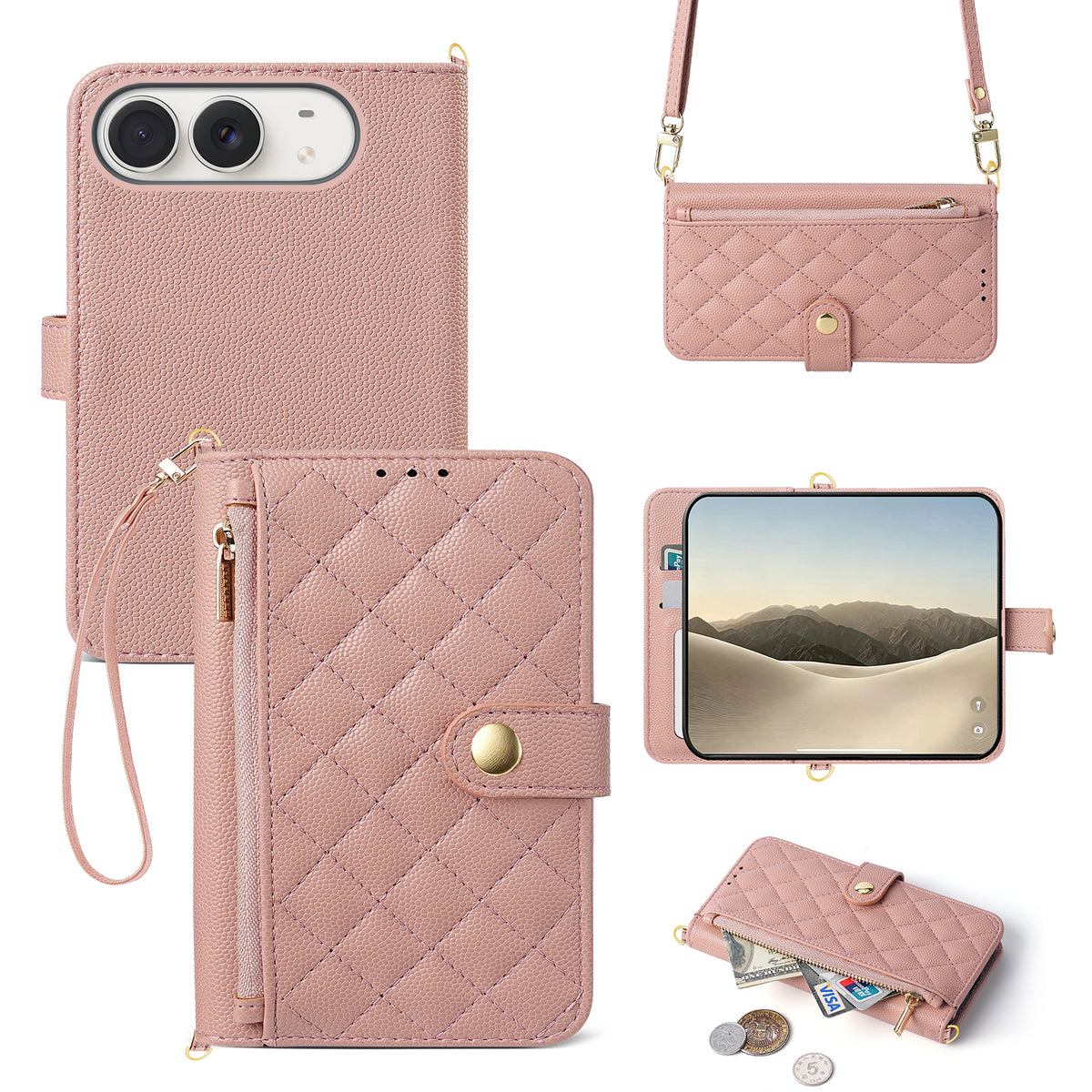 Pink iPhone DUO leather crossbody wallet case with detachable strap