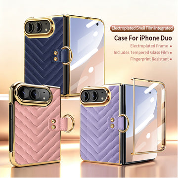 Pink, purple, and blue leather iPhone DUO cases highlighting integrated tempered glass film, finger ring clasp, and electroplated shell construction.