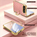 Pink chevron leather iPhone DUO case showing 0.5mm raised camera lens borders, raised inner screen bezels, and pre-installed tempered glass film.