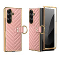 Pink chevron leather ring case for Samsung Galaxy Z Fold featuring gold electroplated frame and screen protector