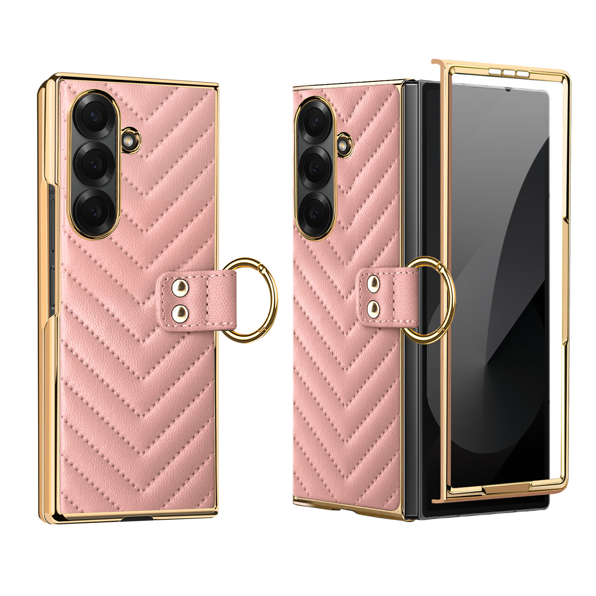 Pink chevron leather ring case for Samsung Galaxy Z Fold featuring gold electroplated frame and screen protector