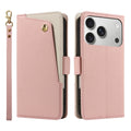 Pink dual-tone leather wallet case for iPhone displaying the front snap card pocket, back camera cutout, and detachable wrist strap.
