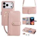 Pink leather phone wallet case with zipper pouch, card slots, and adjustable shoulder strap for iPhone 17 Pro and 18 models.