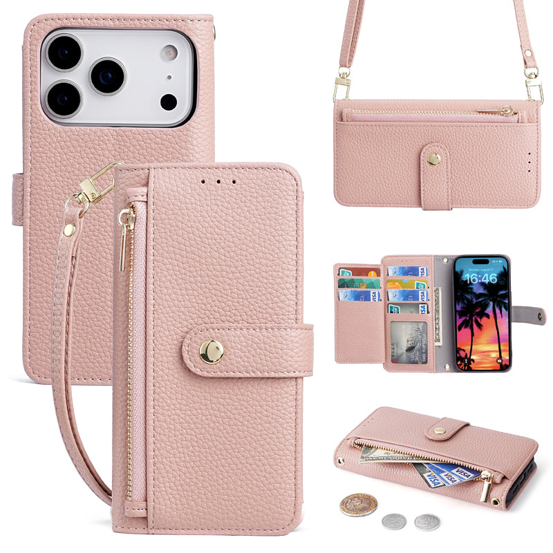 Pink leather phone wallet case with zipper pouch, card slots, and adjustable shoulder strap for iPhone 17 Pro and 18 models.