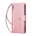 Pink leather wallet case for iPhone 18 Pro Max with zipper pouch and wristlet strap
