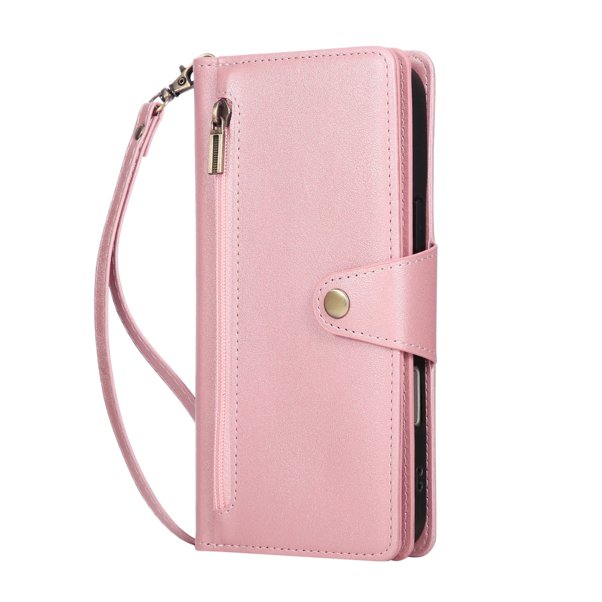 Pink leather wallet case for iPhone 18 Pro Max with zipper pouch and wristlet strap