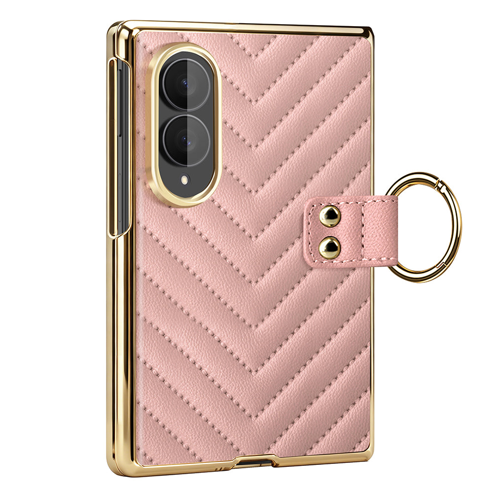 Pink luxury quilted chevron leather case for Samsung Galaxy Z Fold 8 with electroplated gold frame and ring holder