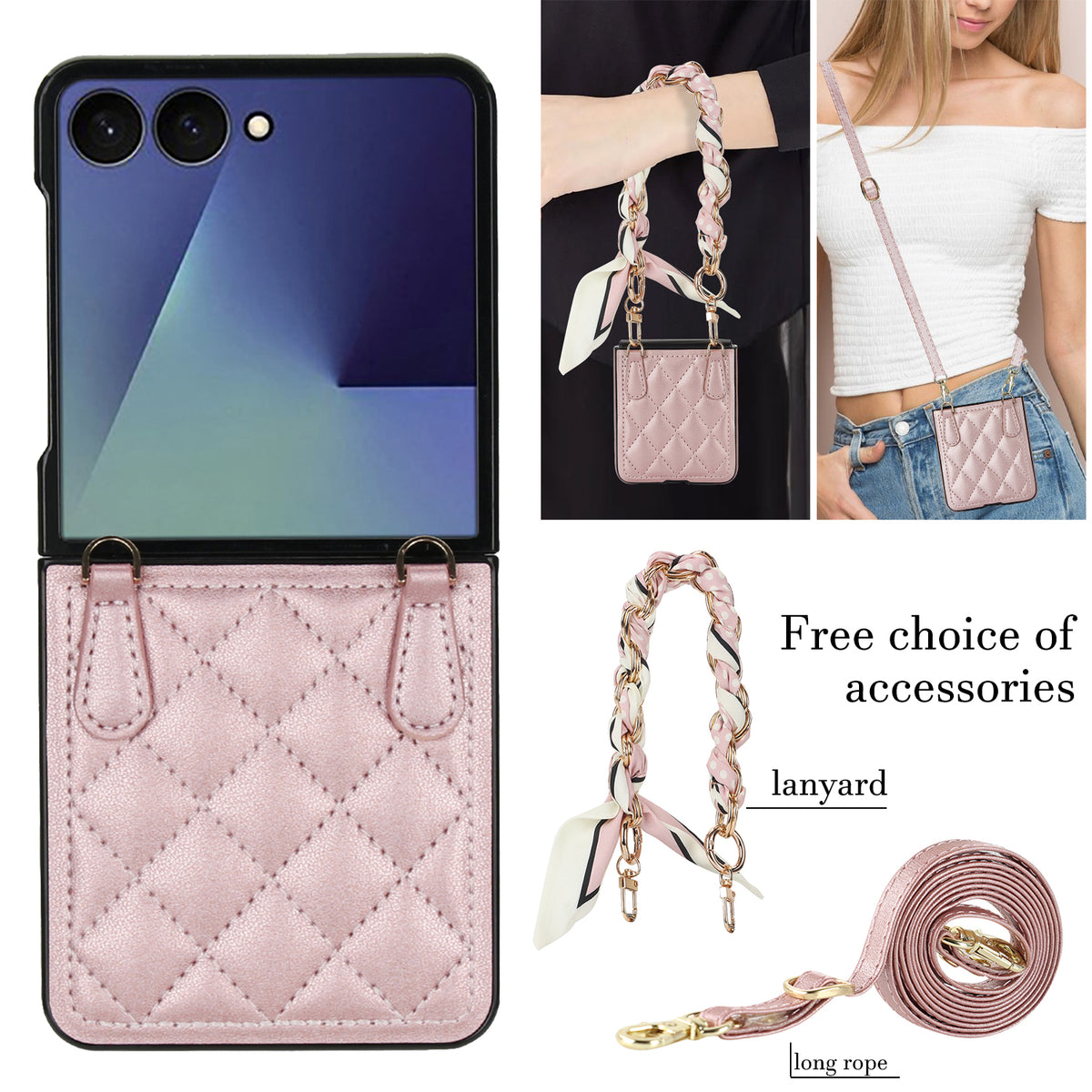 Pink quilted leather Samsung Galaxy Z Flip case set including short braided scarf chain lanyard and matching adjustable long crossbody strap