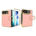 Pink quilted leather luxury case for iPhone DUO featuring electroplated gold edges and integrated HD front tempered glass