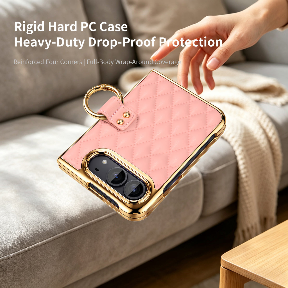 Pink rigid hard PC drop-proof cover for iPhone DUO with gold camera ring and ring strap