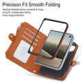 Precision-fit diagram of the rich brown leather iPhone DUO wallet case illustrating smooth folding hinge protection and internal phone frame alignment.