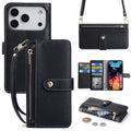 Premium black leather folio wallet case for iPhone featuring zipper coin pouch, card holder slots, and crossbody strap.