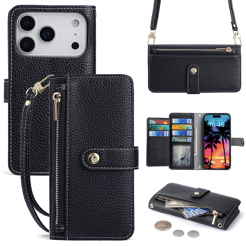 Premium black leather folio wallet case for iPhone featuring zipper coin pouch, card holder slots, and crossbody strap.