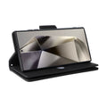Premium black leather wallet case with kickstand supporting a Samsung Galaxy device in landscape mode.