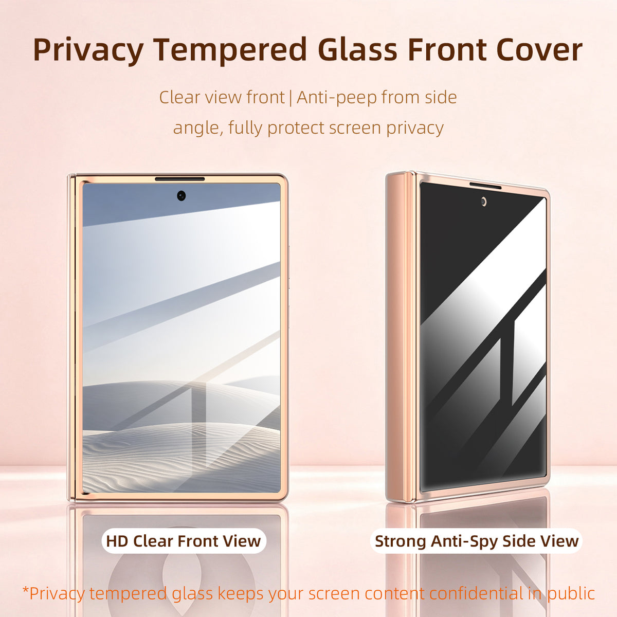 Privacy tempered glass front cover for Samsung Galaxy Z Fold 8 demonstrating HD clear front view and anti-spy side view.