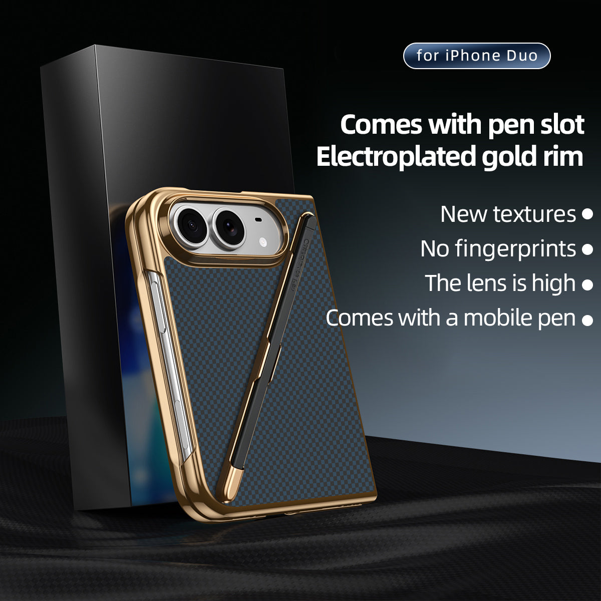 Product packaging shot of the dark blue Kevlar texture iPhone DUO case featuring feature callouts: "Comes with pen slot Electroplated gold rim", "New textures", "No fingerprints", "The lens is high", and "Comes with a mobile pen".