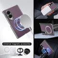 Purple Galaxy Z Fold 8 vegan leather case demonstrating compatibility with universal magnetic accessories, wireless chargers, and car mounts.