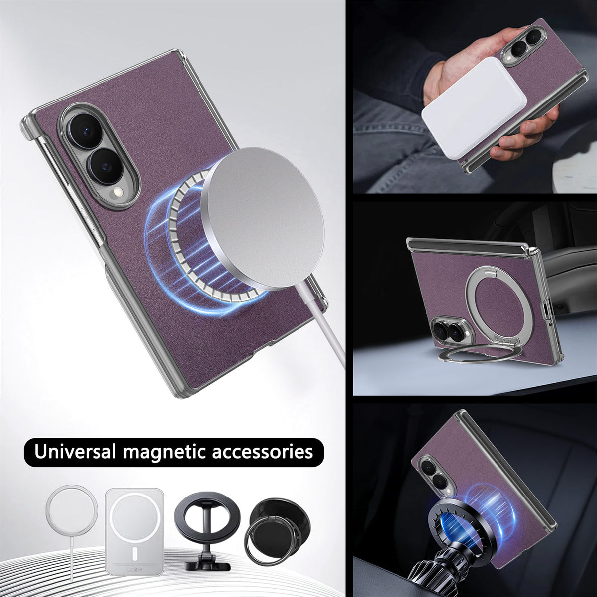 Purple Galaxy Z Fold 8 vegan leather case demonstrating compatibility with universal magnetic accessories, wireless chargers, and car mounts.