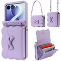 Purple Samsung Galaxy Z Flip leather crossbody wallet case displaying scalloped bow design, wristlet strap, shoulder strap, and multi-slot accordion wallet