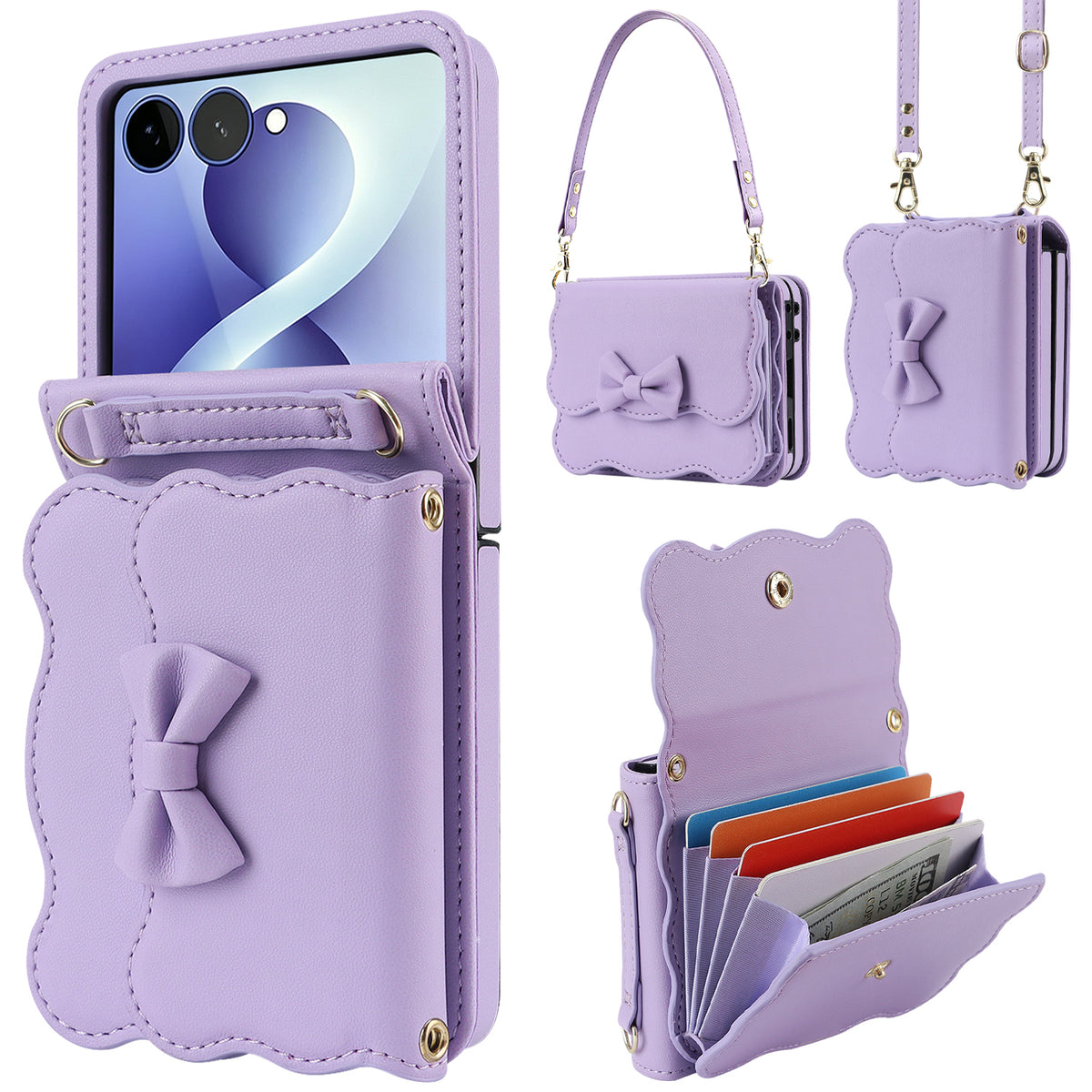 Purple Samsung Galaxy Z Flip leather crossbody wallet case displaying scalloped bow design, wristlet strap, shoulder strap, and multi-slot accordion wallet