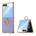Purple chevron leather phone case for Samsung Galaxy Z Flip with gold ring kickstand holder and electroplated trim
