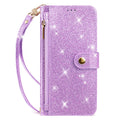 Purple glitter leather crossbody wallet phone case with side zipper pocket, gold hardware magnetic clasp, and matching wristlet strap.