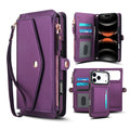 Purple leather 2-in-1 detachable magnetic wallet phone case for iPhone featuring multi-card organizer slots, side zipper purse, wristlet lanyard, and removable magnetic phone shell.