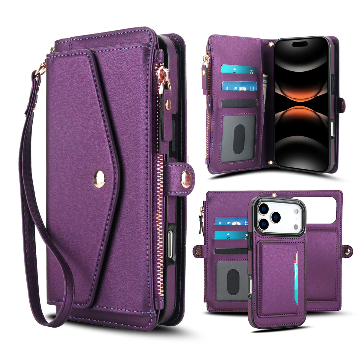 Purple leather 2-in-1 detachable magnetic wallet phone case for iPhone featuring multi-card organizer slots, side zipper purse, wristlet lanyard, and removable magnetic phone shell.