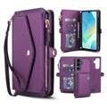 Purple leather 2-in-1 detachable wallet case for Samsung Galaxy A series featuring front flap pocket, zipper coin purse, wristlet strap, card slots, and removable inner back cover。