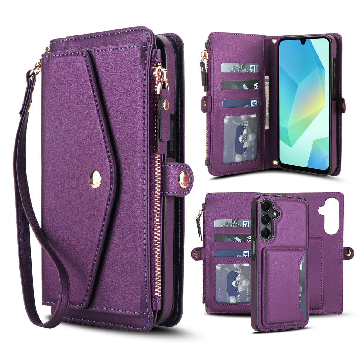 Purple leather 2-in-1 detachable wallet case for Samsung Galaxy A series featuring front flap pocket, zipper coin purse, wristlet strap, card slots, and removable inner back cover。