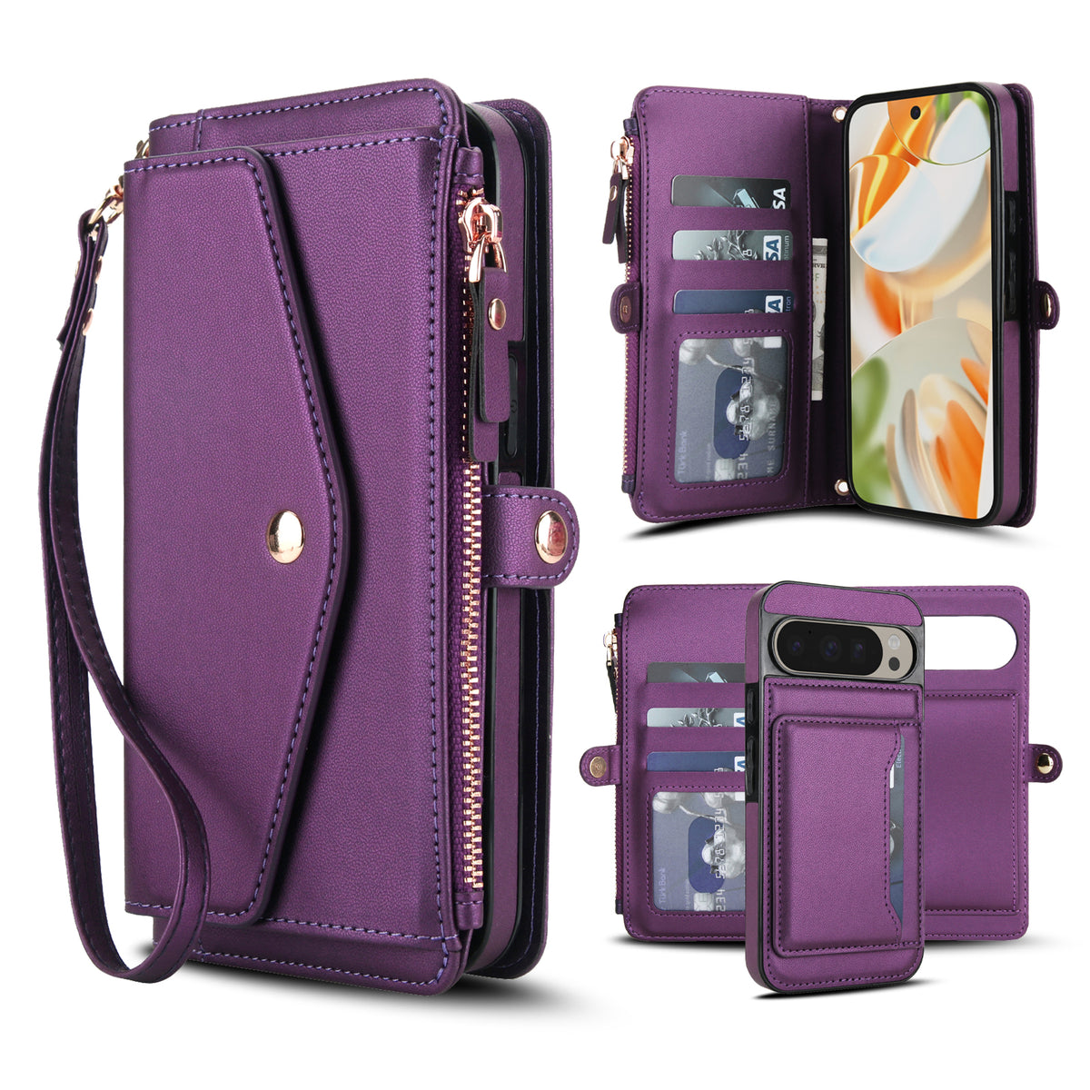 Purple leather 2-in-1 detachable wallet phone case for Google Pixel with card slots, zippered coin purse, wristlet lanyard, and magnetic back cover.