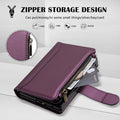 Purple leather wallet case for Samsung Galaxy Z Fold 8 highlighting close-up zipper storage compartment holding cards and cash.