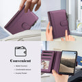 Purple leather wallet case for iPhone DUO showing compact pouch storage and tap-to-pay wallet functionality.