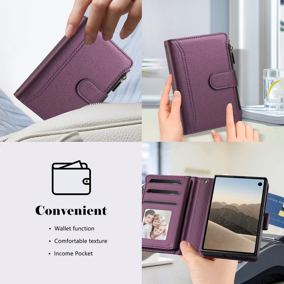 Purple leather wallet case for iPhone DUO showing compact pouch storage and tap-to-pay wallet functionality.
