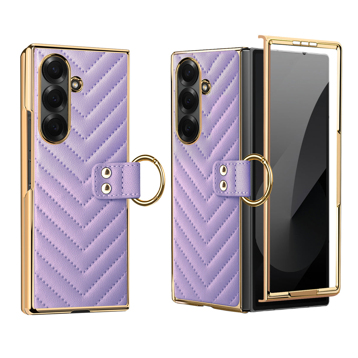 Purple luxury chevron leather ring case for Samsung Galaxy Z Fold with built-in front screen protector