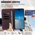 Purple luxury leather flip wallet case showing card slots holding credit card, cash compartment, and phone screen