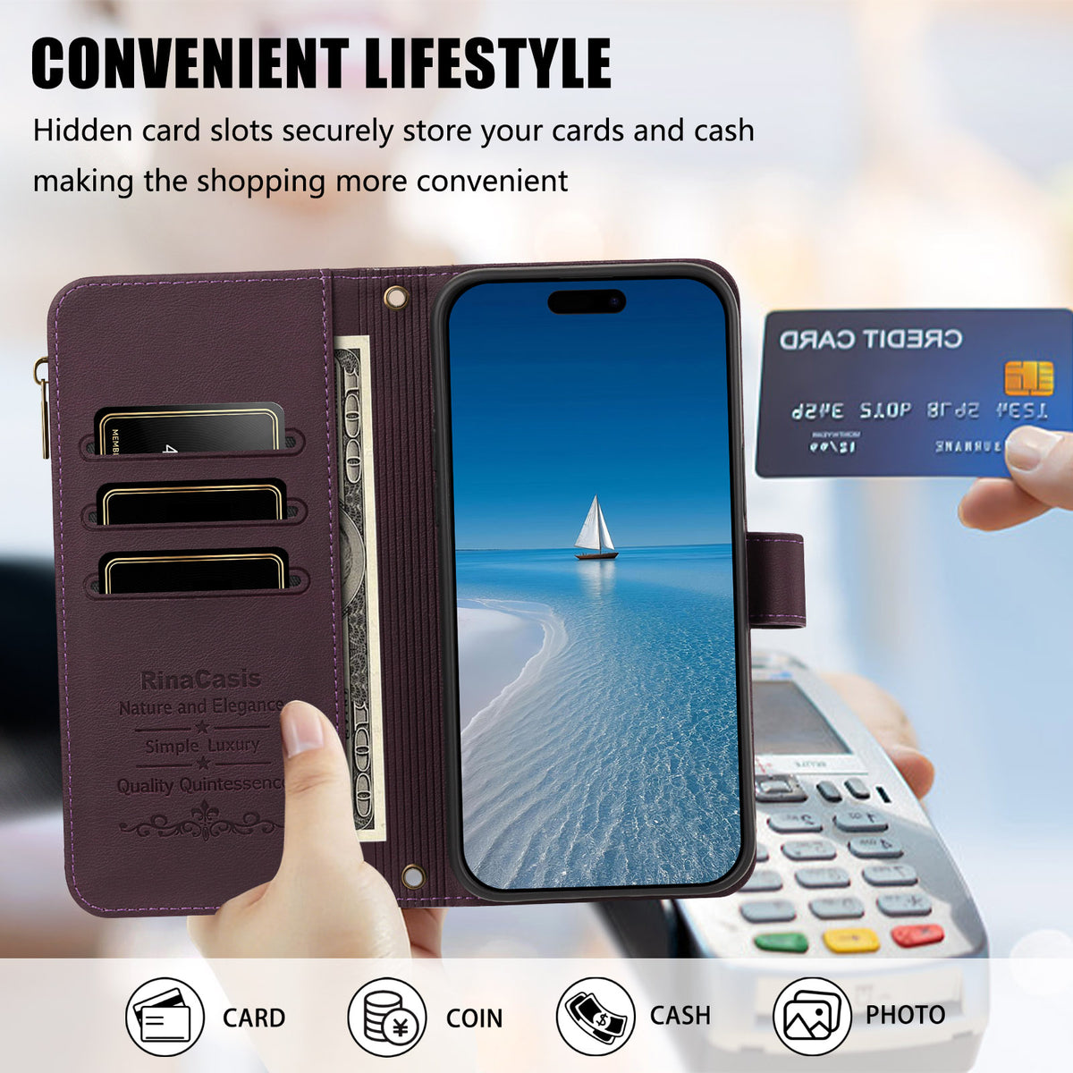 Purple luxury leather flip wallet case showing card slots holding credit card, cash compartment, and phone screen