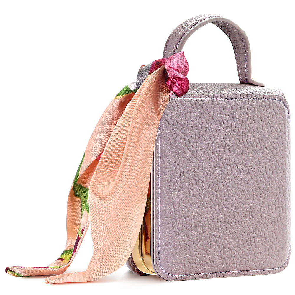 Purple luxury leather handbag phone case for Samsung Galaxy Z Flip featuring lychee texture and silk scarf accessory