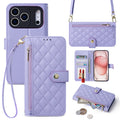 Purple quilted leather crossbody phone wallet case showing camera fit, card storage, and zipper pocket.