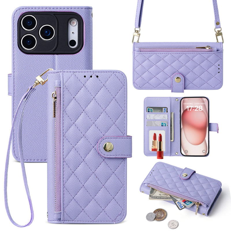 Purple quilted leather crossbody phone wallet case showing camera fit, card storage, and zipper pocket.