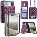 Purple quilted leather crossbody wallet case for iPhone DUO displaying full product composite views including built-in screen protector frame, snap-button card slots, detachable shoulder lanyard, and horizontal kickstand mode.