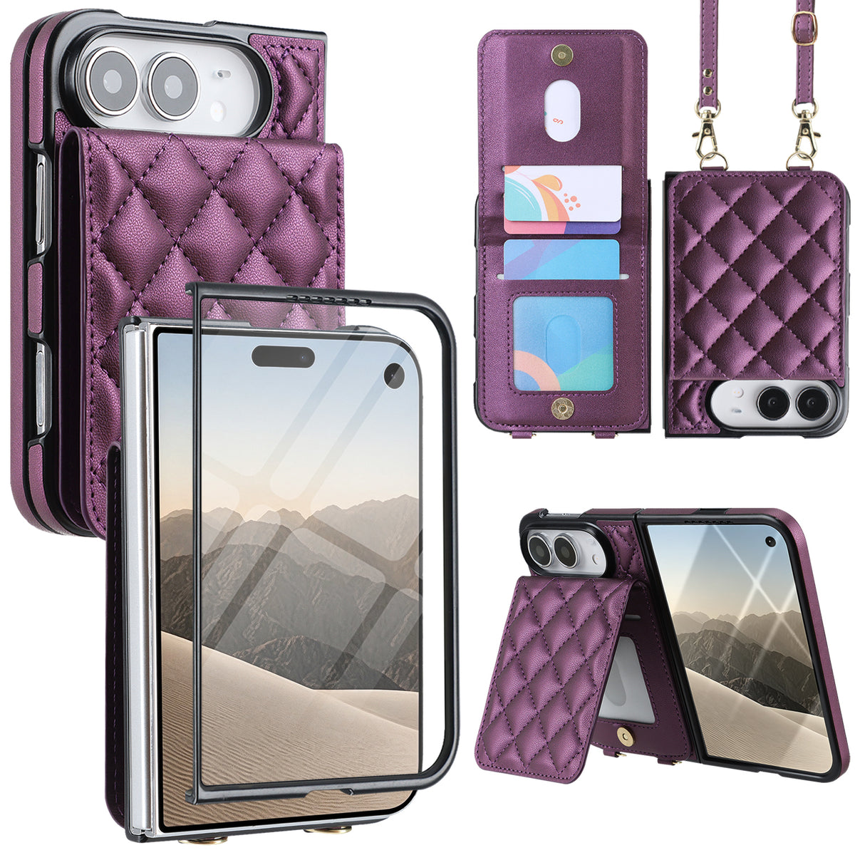 Purple quilted leather crossbody wallet case for iPhone DUO displaying full product composite views including built-in screen protector frame, snap-button card slots, detachable shoulder lanyard, and horizontal kickstand mode.