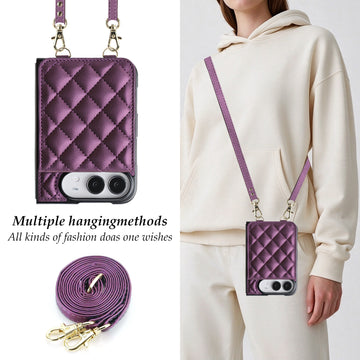 Purple quilted leather crossbody wallet case for iPhone DUO shown on model with adjustable shoulder lanyard strap.