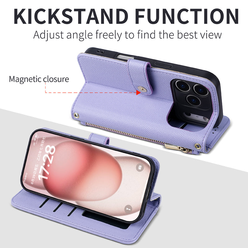 Purple quilted leather wallet phone case folded into a hands-free kickstand position, highlighting the adjustable viewing angle and magnetic snap closure.